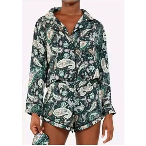 Plush x Revolve SET09W01GPA Women Sz XS Green Paisley Faux Silk Pajama Set - Picture 15 of 15